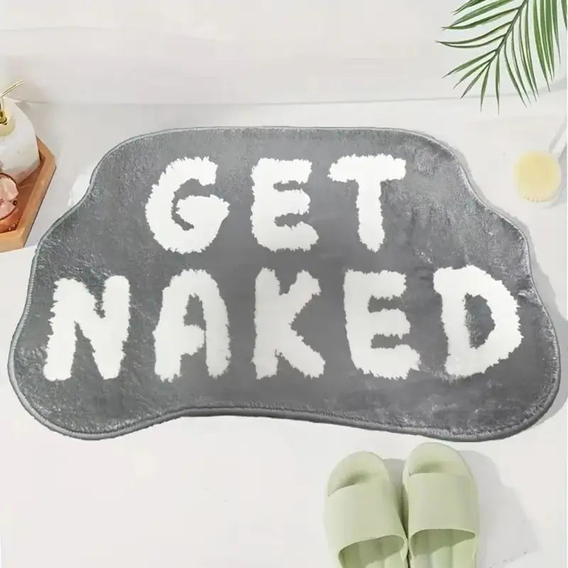 tapis bain antidérapant lettres GET NAKED peluche moderne noir gris rose