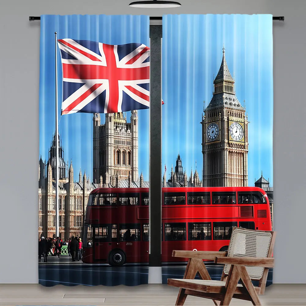 rideau polyester opaque moderne paysage big ben drapeau britannique bus double étage bleu blanc