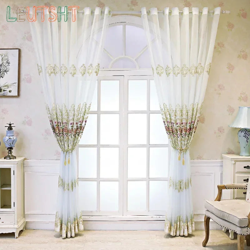 rideau tulle transparent brodé fleur doré élégant maison moderne polyester