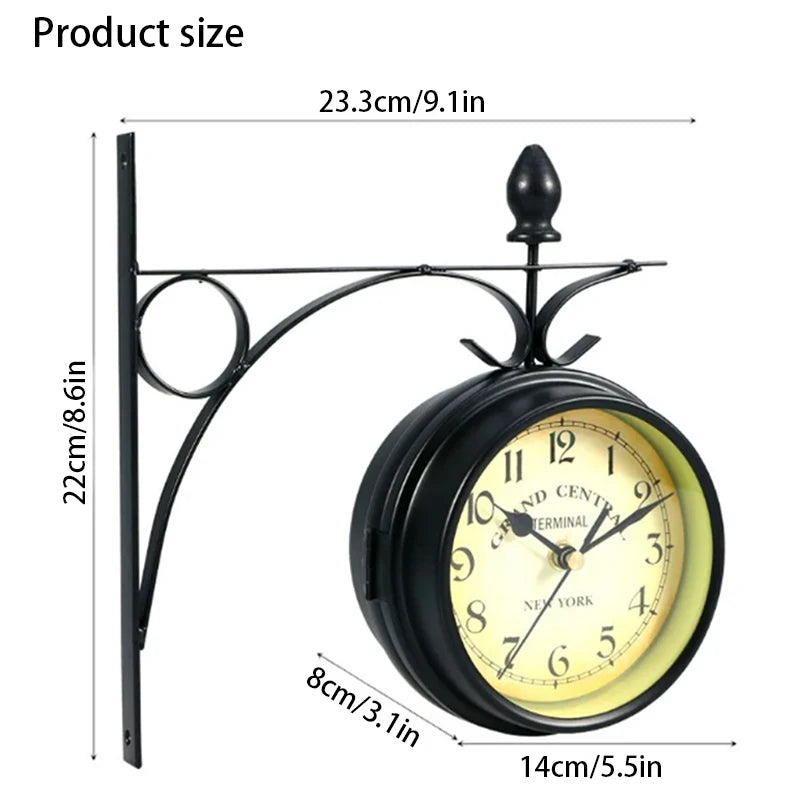 horloge murale double face vintage industrielle cadran transparent effet vieilli gare métal noir