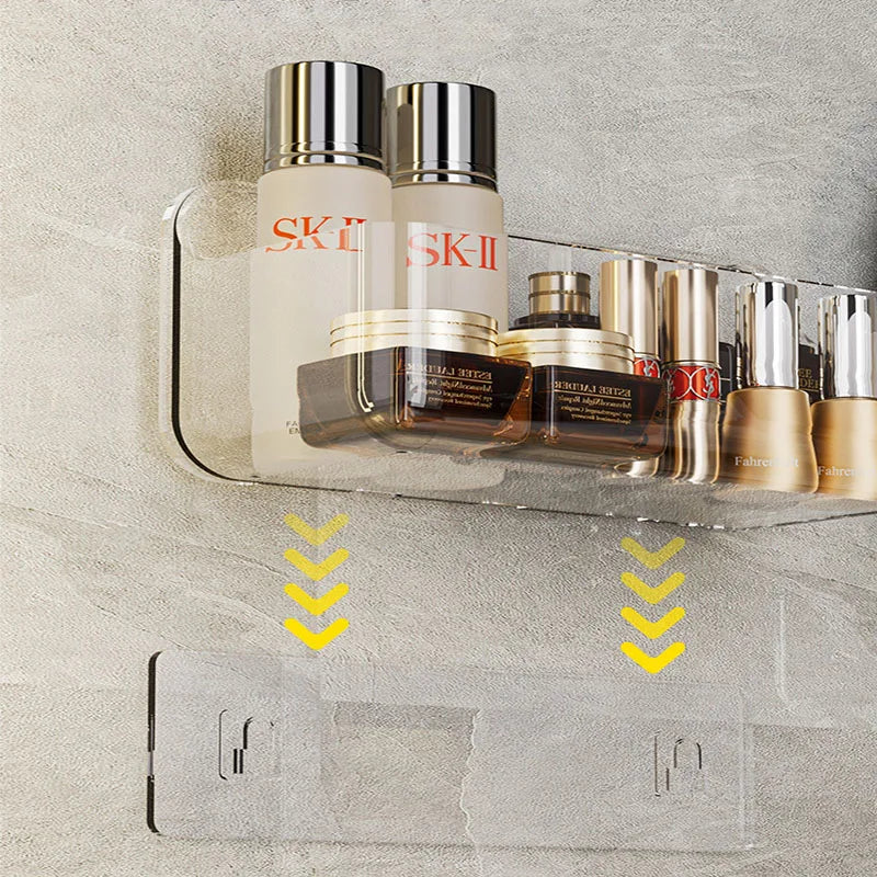 rangement mural adhésif transparent étagère salle bain organisation produits cosmétiques bouteilles minimalistestyle moderne
