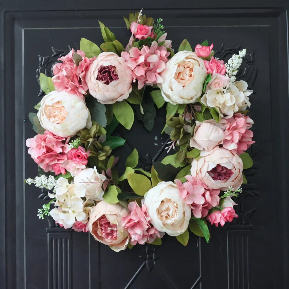 couronne florale artificielle pivoines roses blanches vertes romantique vintage intérieur anniversaire décoration maison
