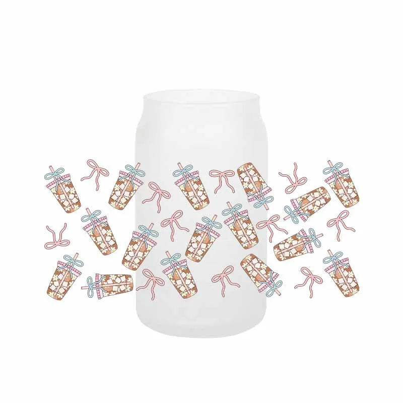 autocollants transfert motif coeurs boissons cartoon transparent opaques tasses croissants glaces bouteille verre couvercle