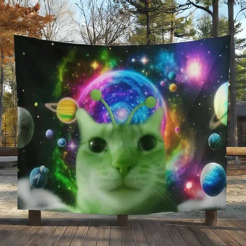 tapisserie murale chat espace vert motif galactique décoration chambre salon moderne humour tissu polyester