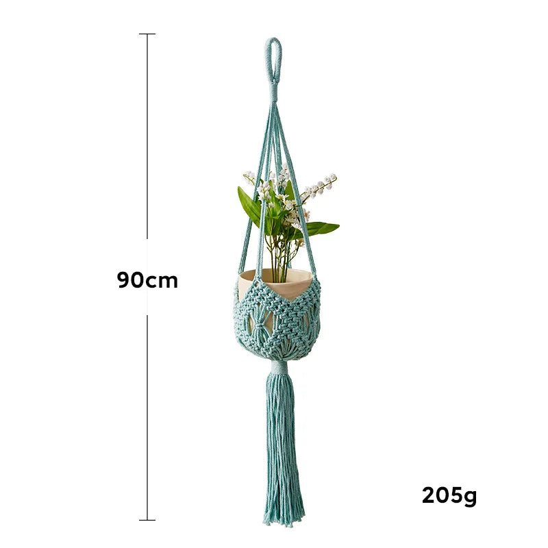 supports plante macramé tissé main motifs géométriques boho couleurs violet bleu beige vert