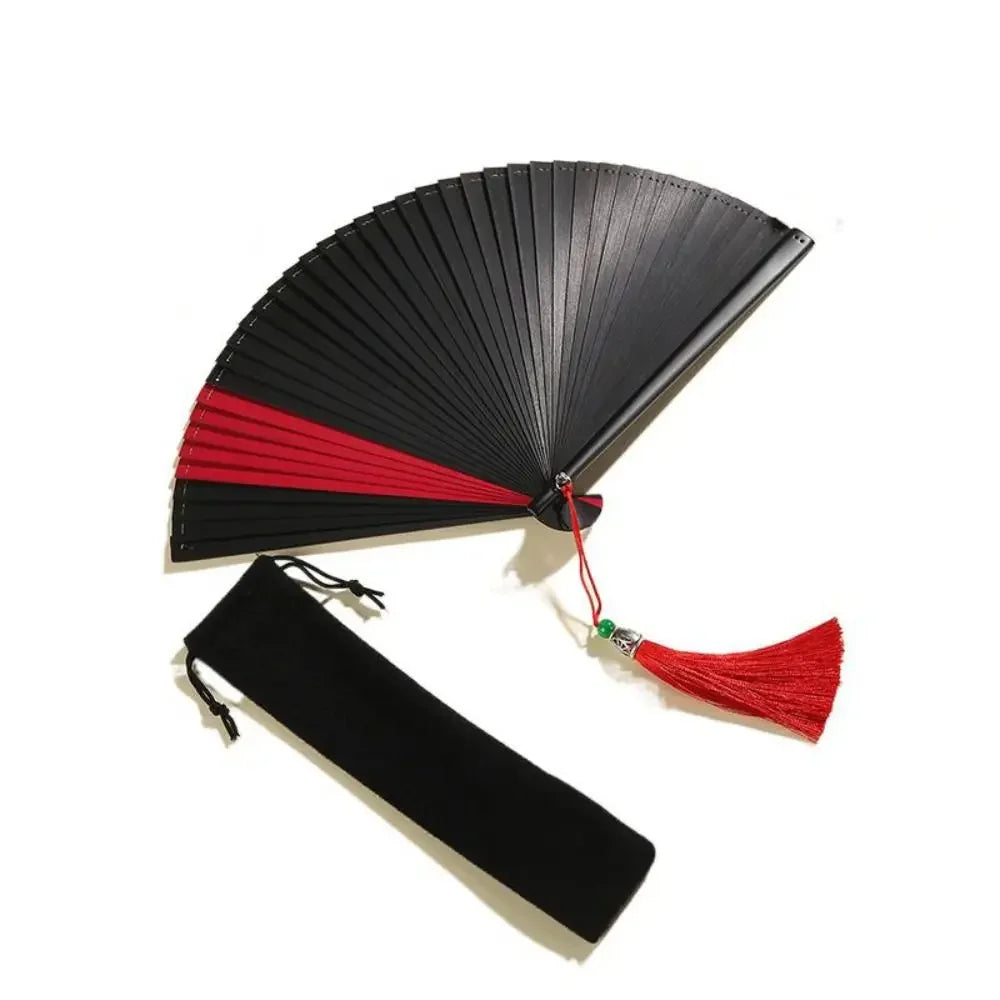 éventail danse bambou handmade kimono fan classique noir rouge rayures tassel