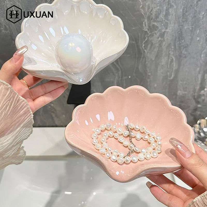 porte savon coquillage blanc rose rangement salle bain boite bijoux accessoire deco nacre chromé