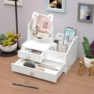 coiffeuse miroir chat blanc rangement tiroirs maquillage bijoux enfantine plateau rotatif