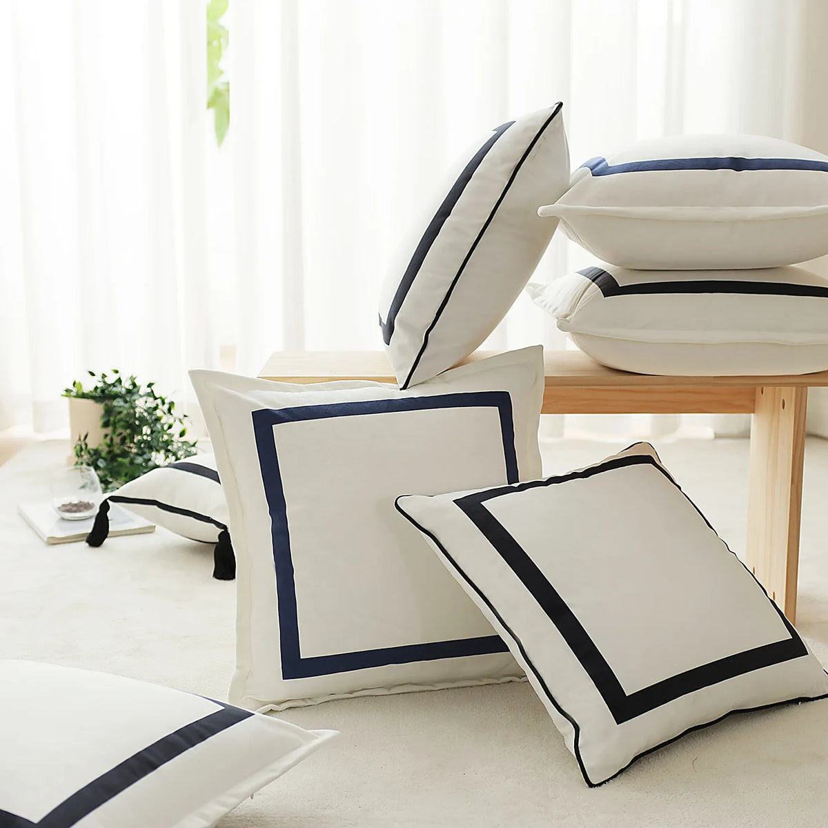 housses coussin polyester blanc bord bleu moderne décoration maison voiture 45x45cm cặp vỏ gối