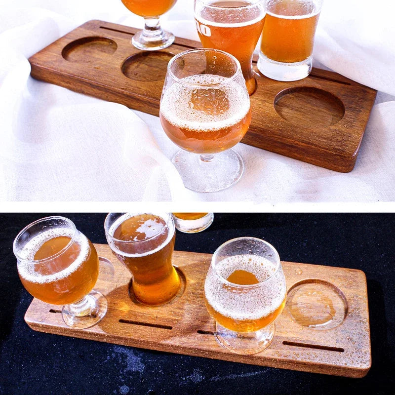 plateau bois rustique encoches verres bière tulipe ballon artisanal respectueux environnement echangiste sampler whiskies
