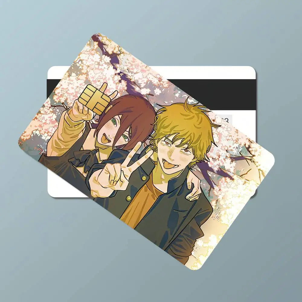 cartes bancaires étanches résistantes adhésives illustration anime personnages fond floral multicolore jaune brun vert