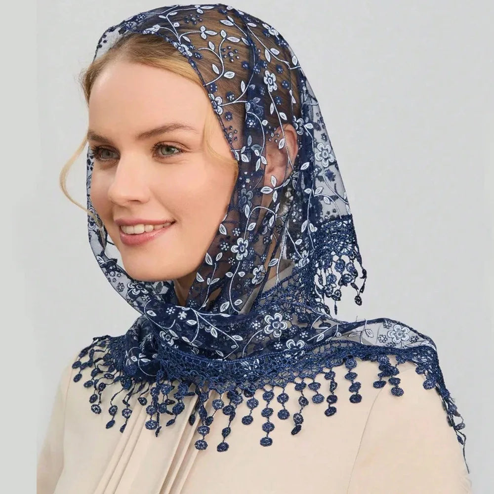 écharpe étoffe polyester motif floral blanc élégant voile tête décontracté