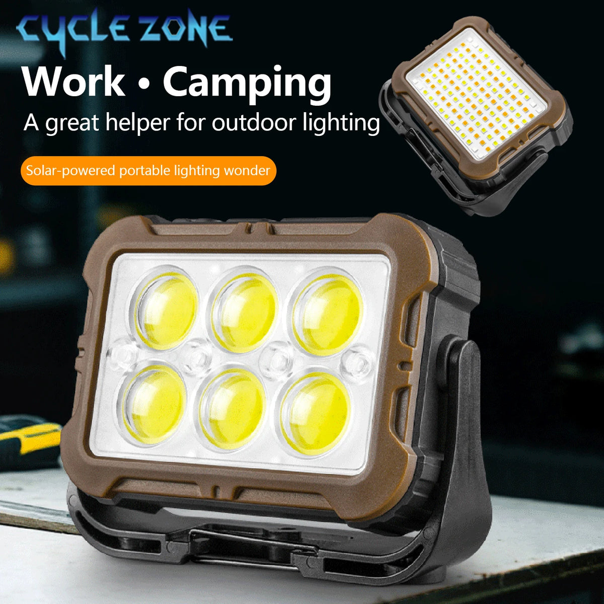 lampe travail solaire rechargeable portable aimantée noir marron bleu mat robuste camping