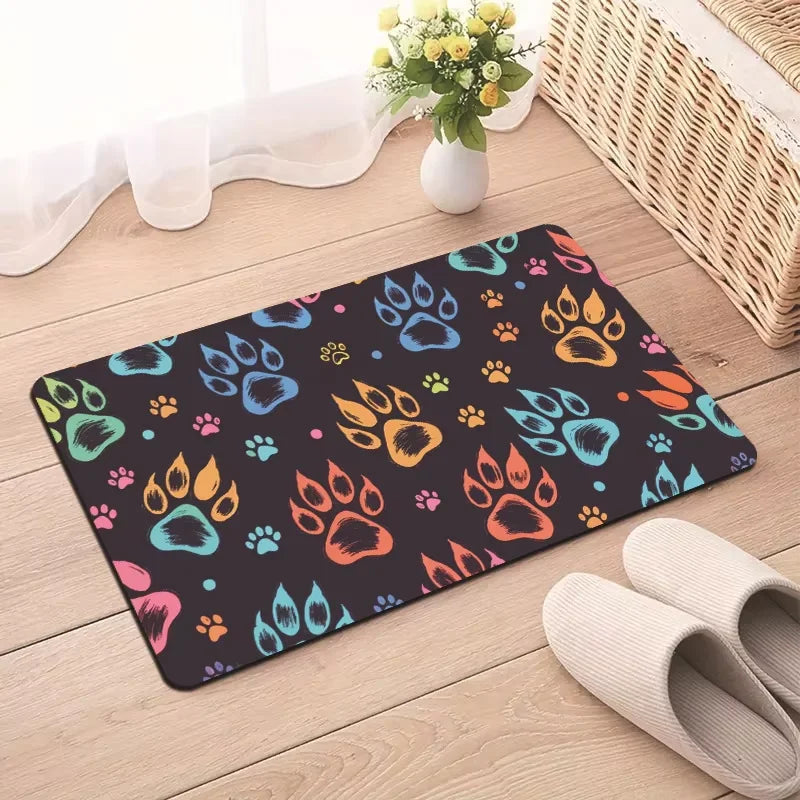 tapis absorbant antidérapant animaux violet bleu noir motif patte chien woof os floral