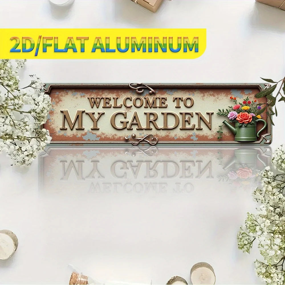 plaque décorative vintage rustique motif floral roses bienvenue jardin pré perforésextérieur marron beige vert