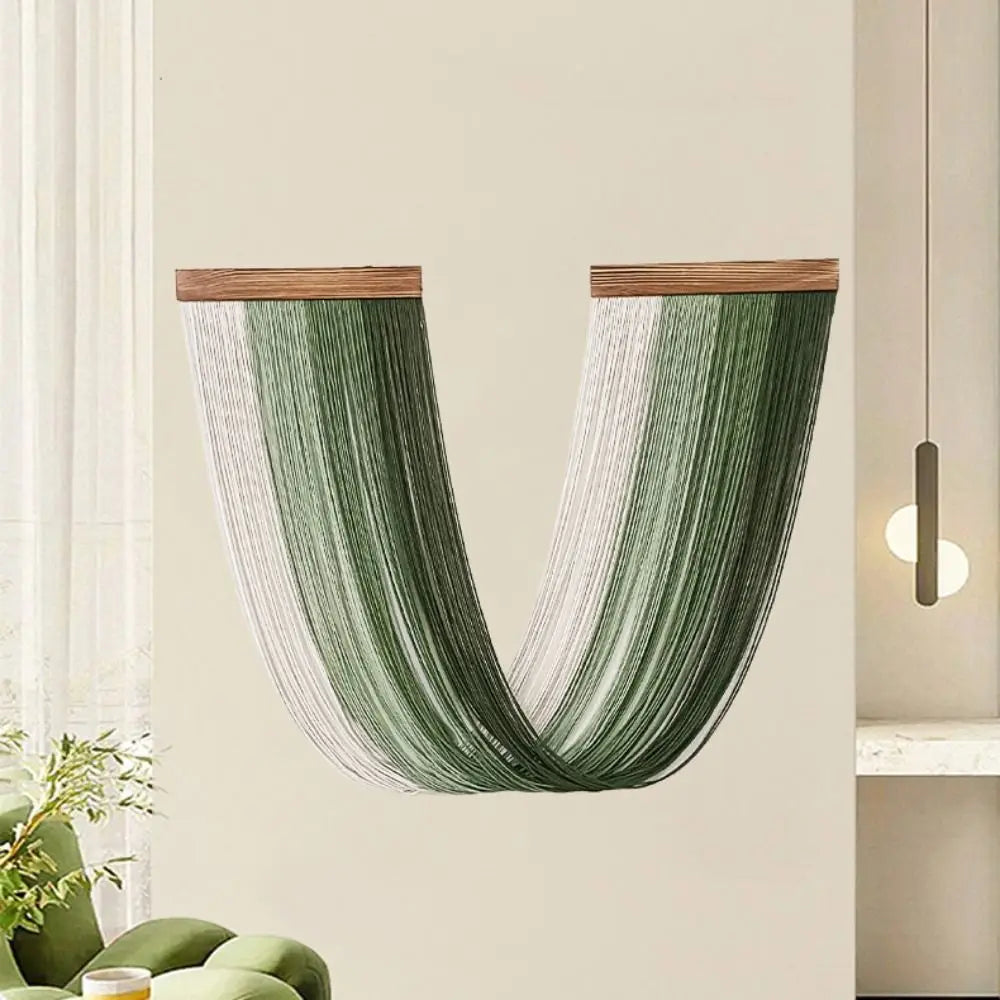 rideau franges vert olive blanc moderne minimaliste coton tissé main finition bois