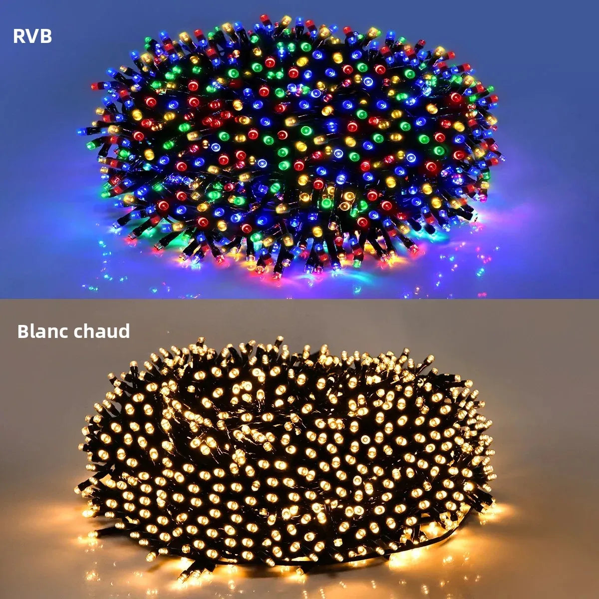 guirlande led solaire extérieure jaune rouge verte bleue décoration festive 50m ip65 télécommande