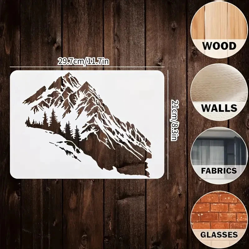 pochoirs stencil montagne arbres géométrique graphique adhésif blanc brun 29.7cm 21cm