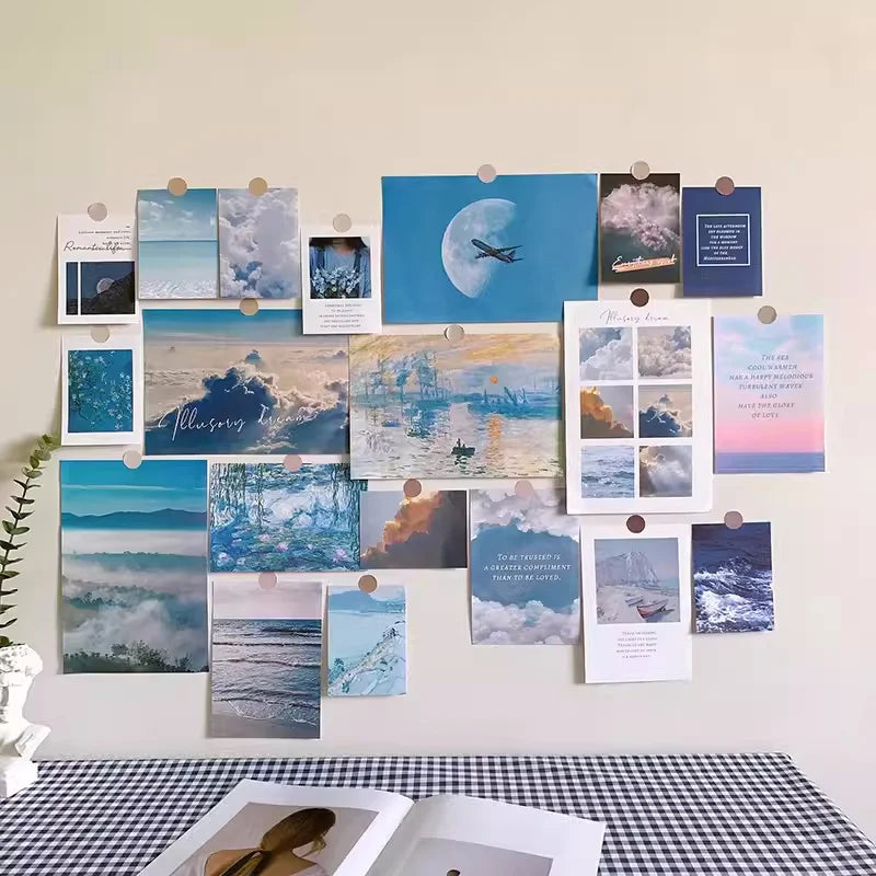 collage mural vintage romantique paysages floraux clips rose beige vert bleu blanc adolescents