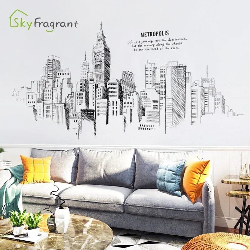 autocollant mural ville gratte ciels metropolis noir blanc moderne graphique minimaliste sofa salon decoration