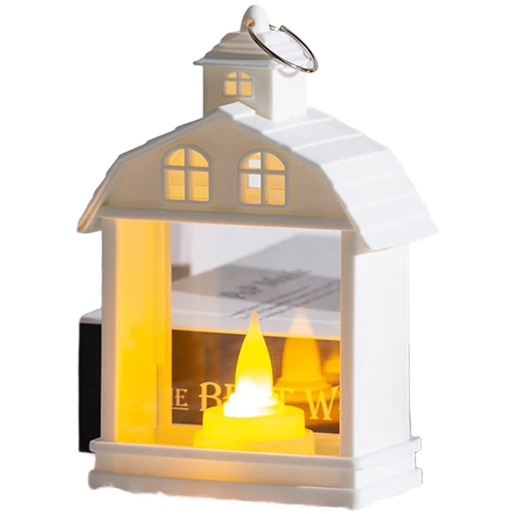 lanterne petite maison fenêtres bougie led livre decoratif blanc bronze vintage rustique halloween noel