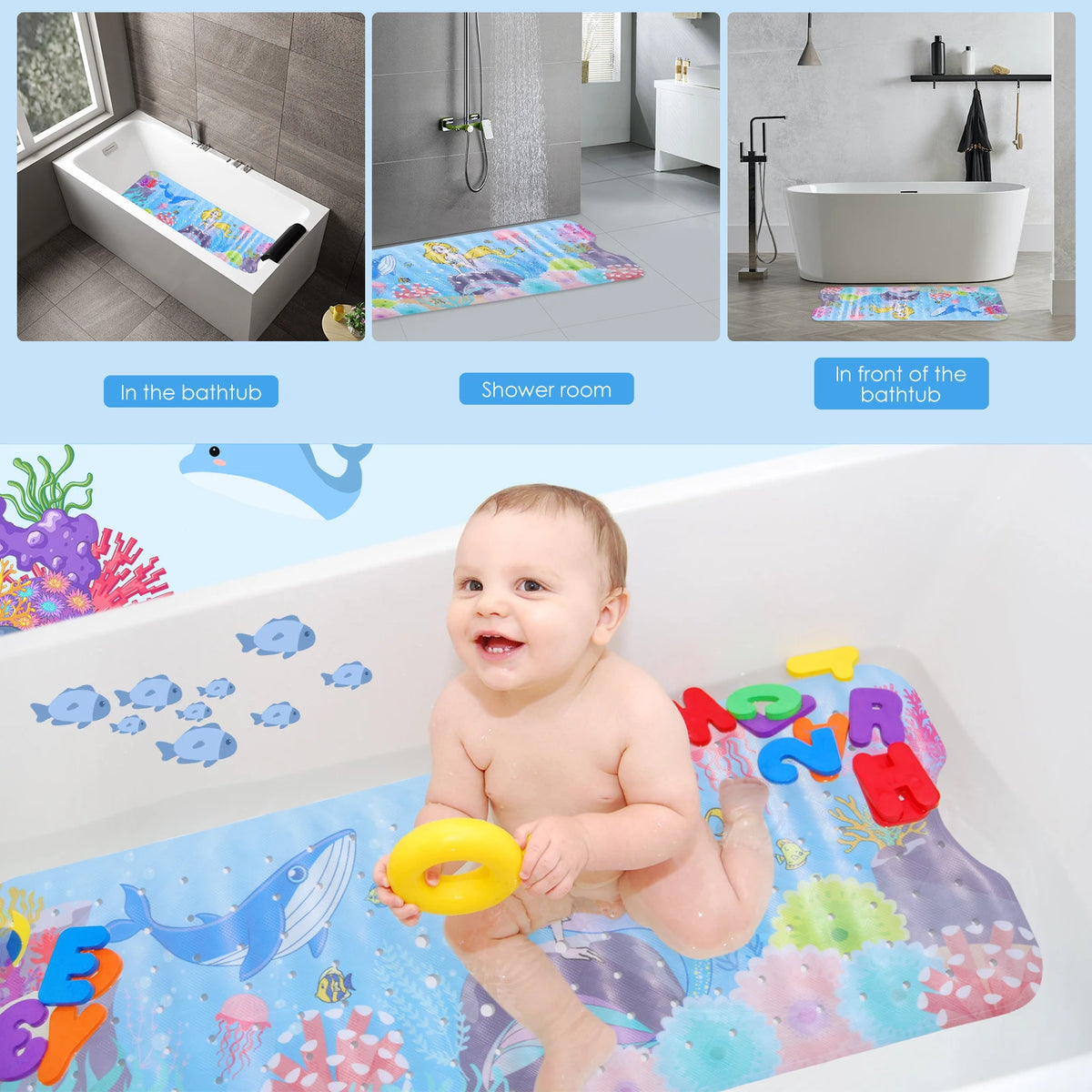 tapis bain dessin animé sous marin sirène poissons coraux moderne enfant couleur alphabet adhésif