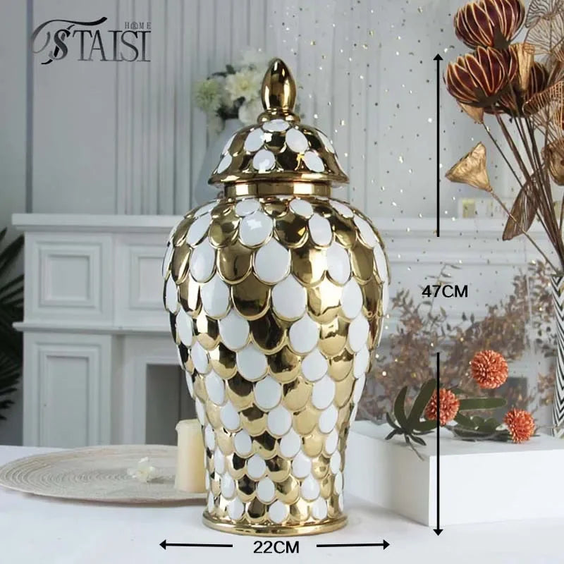 vases décoratifs modernes or blanc argentés motifs ronds couvercles assortis
