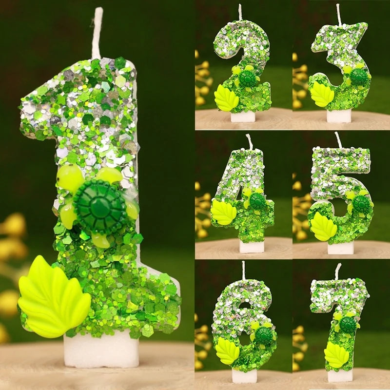 bougies numériques forme chiffres anniversaire verte blanche jaune feuilles