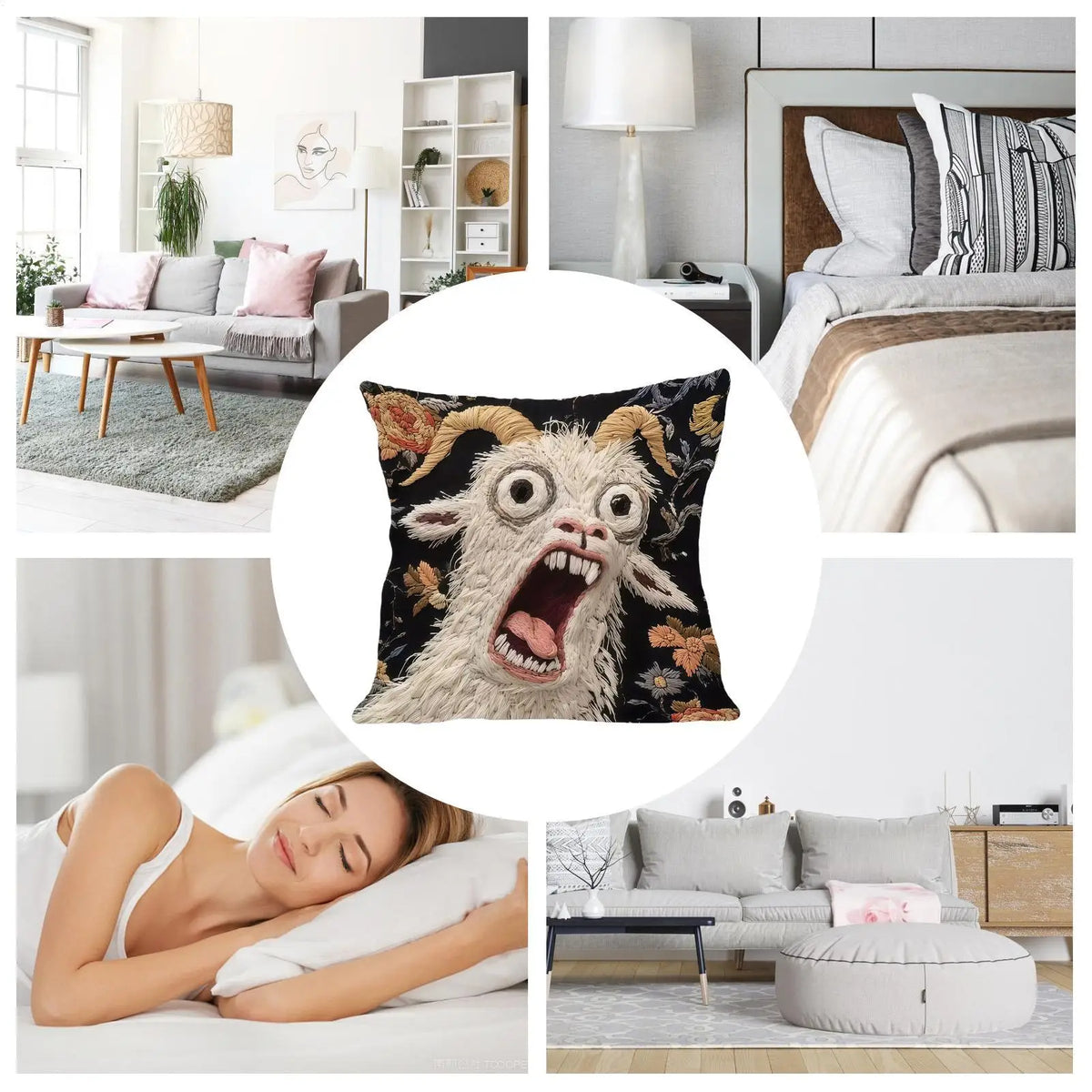 housse coussin forme chèvre hurlante noir motif animalier décoratif polyester peacheskin