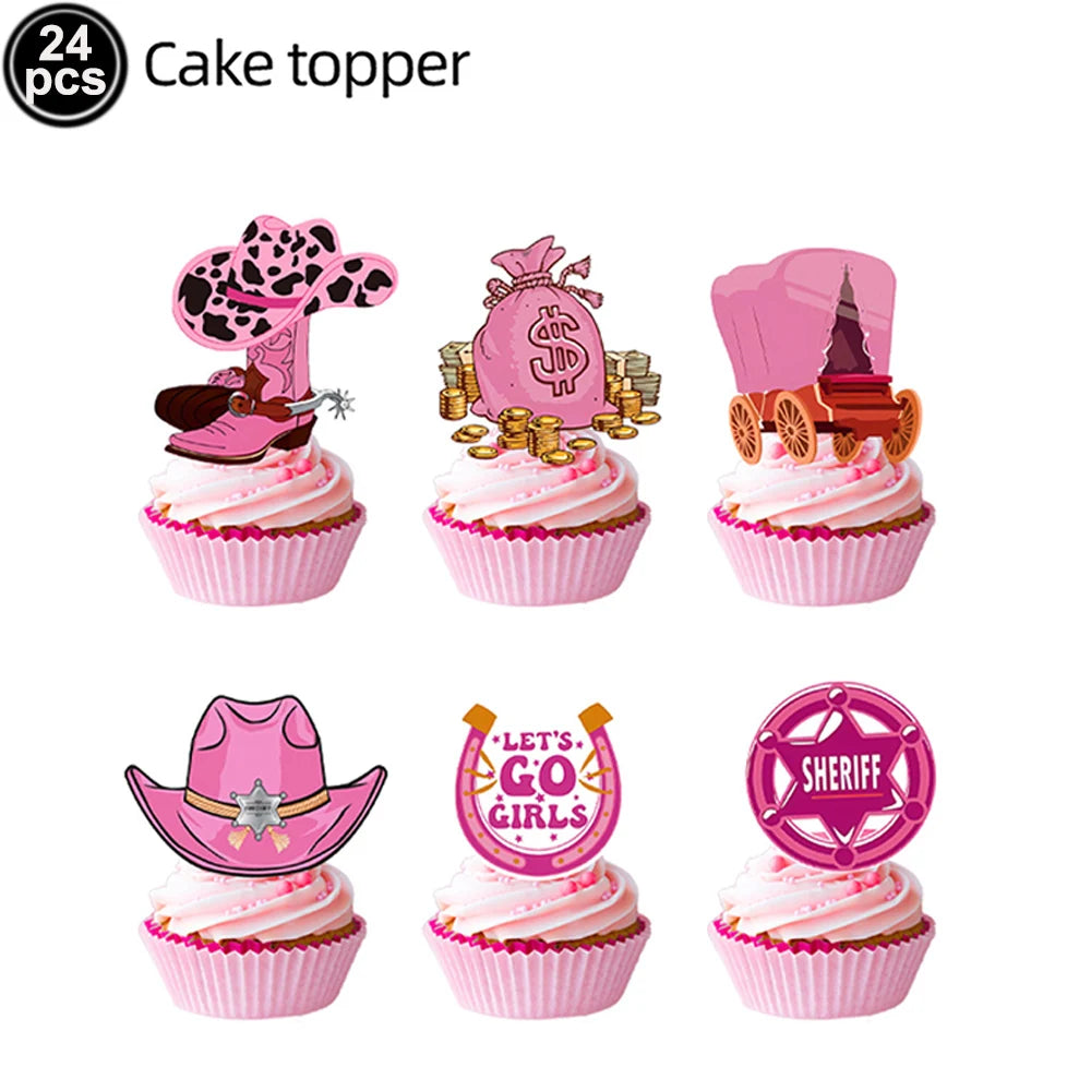 accessoires fête cowgirl thème western rose noir blanc toppers cupcakes assiettes pouces autocollants guirlande