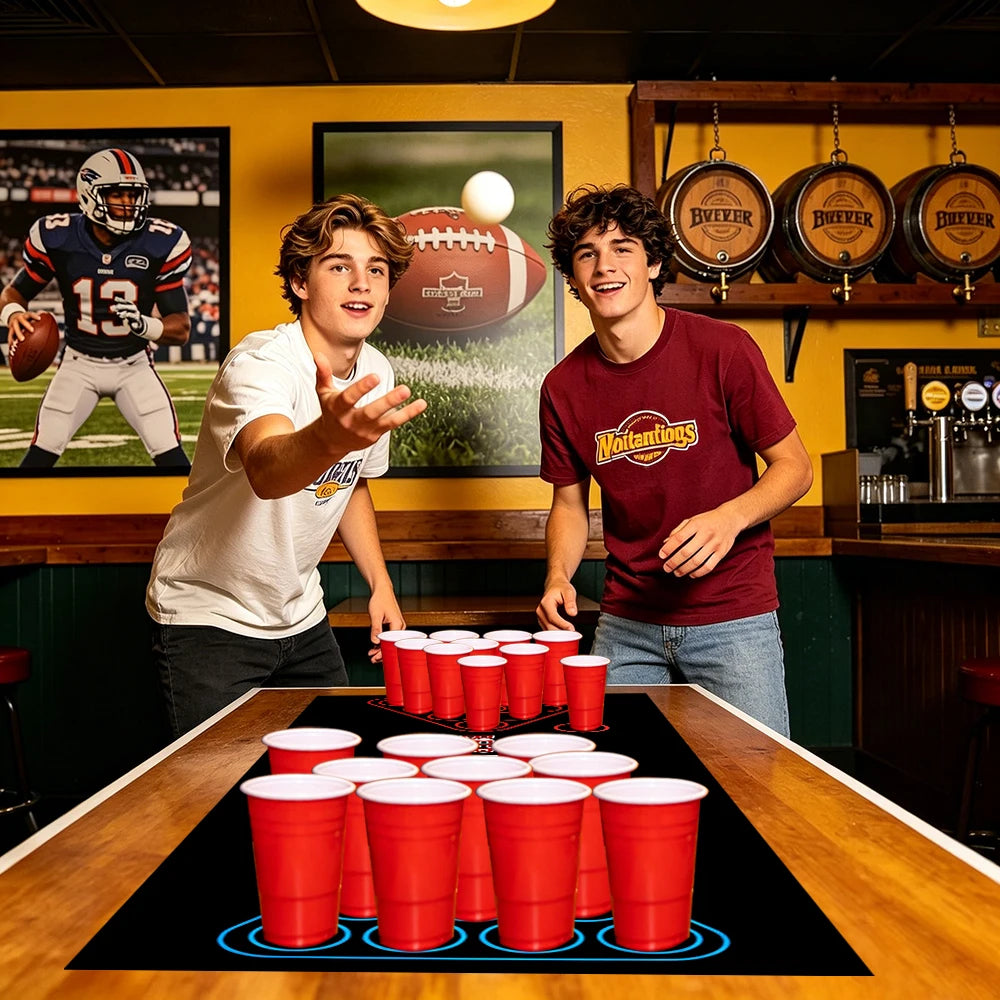 tapis jeu beer pong adulte soirée triangles billard logo festif gobelets plastique