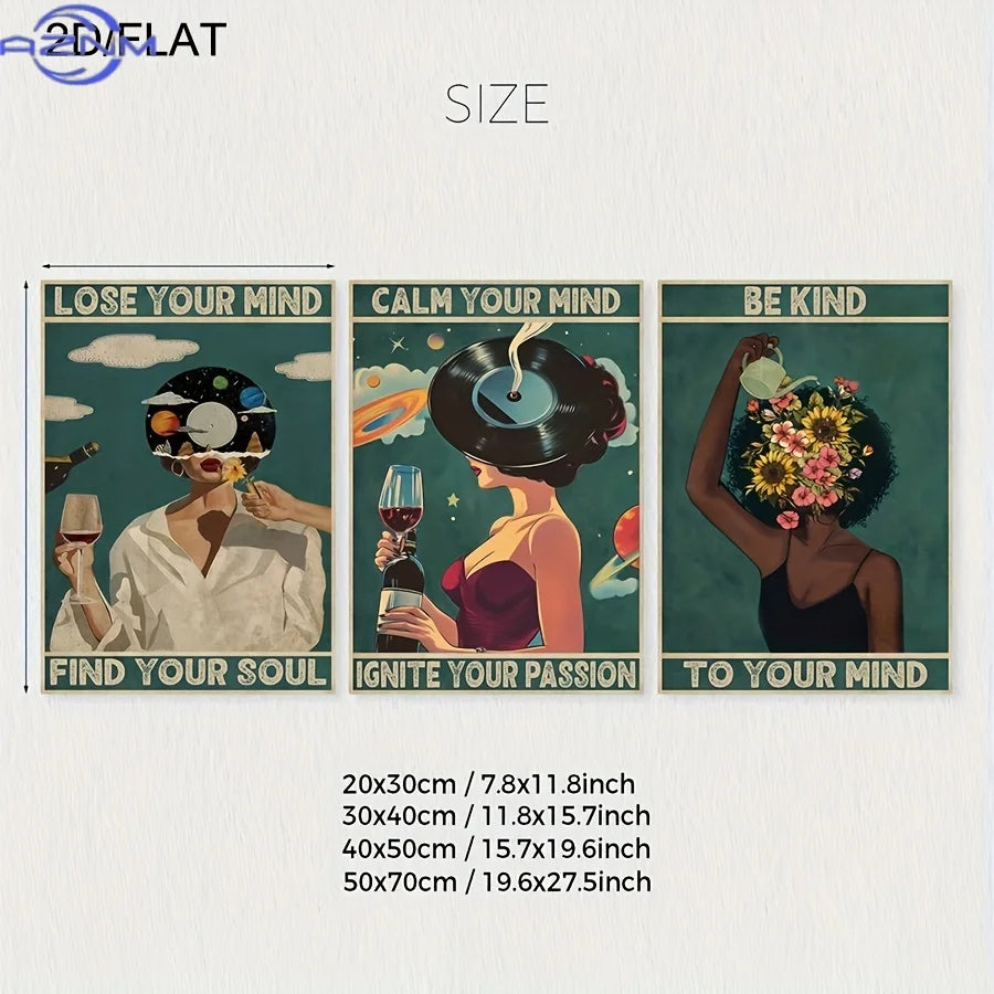 affiches murales vintage illustrées personnages accessoires bois opaques abstrait vert blanc noir rose bleu