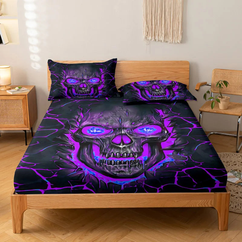 housse lit motif crâne violet coton moderne drap taies oreillers noir bleu graphique