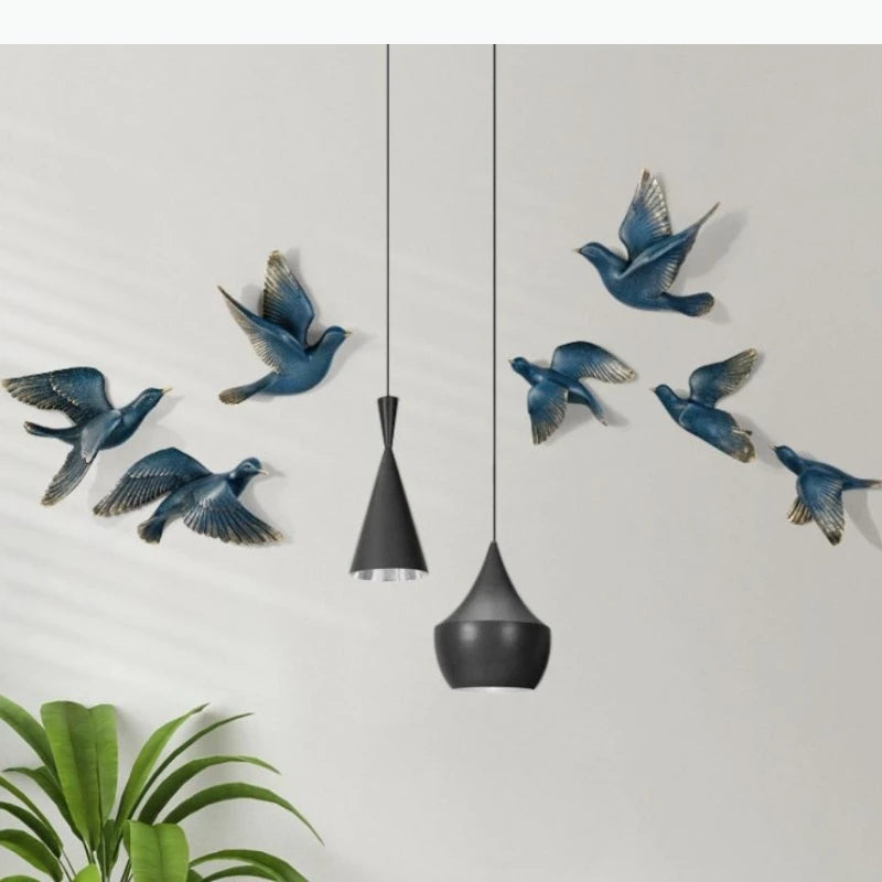 décorations murales oiseaux vol bleu doré blanc noir réalistes plumes modernes