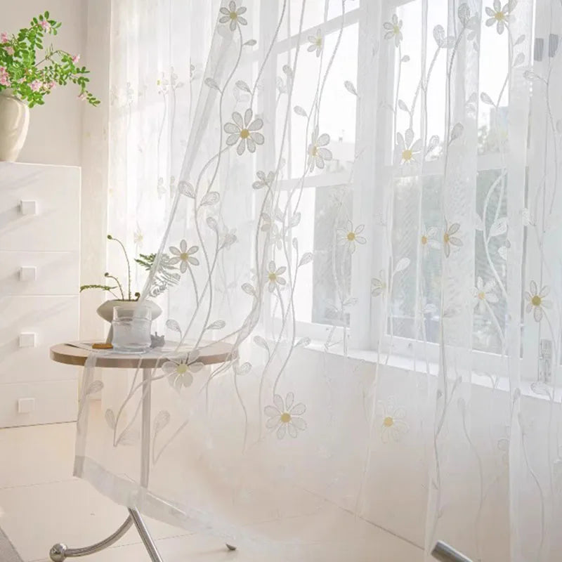rideau transparent fleurs blanches moderne clips dorés polyester maison