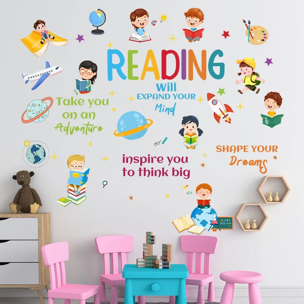 stickers muraux dessin animé personnages enfants livre fusée globe moderne multicolore adhésif chambre enfantsécole