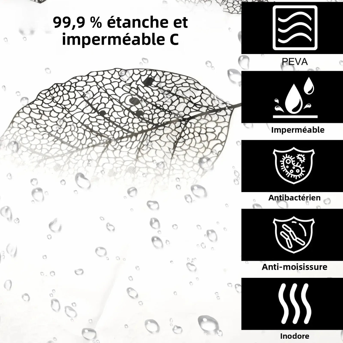 rideau douche moderne feuilles noires blanc semi transparent anneaux métalliques gris toilette