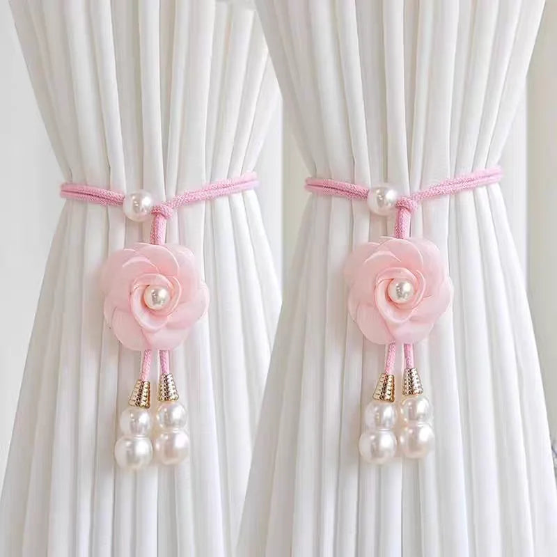 rideaux polonais fleurs relief soie nacrées corde tressée élégant accessoires décoratifs pastel doré