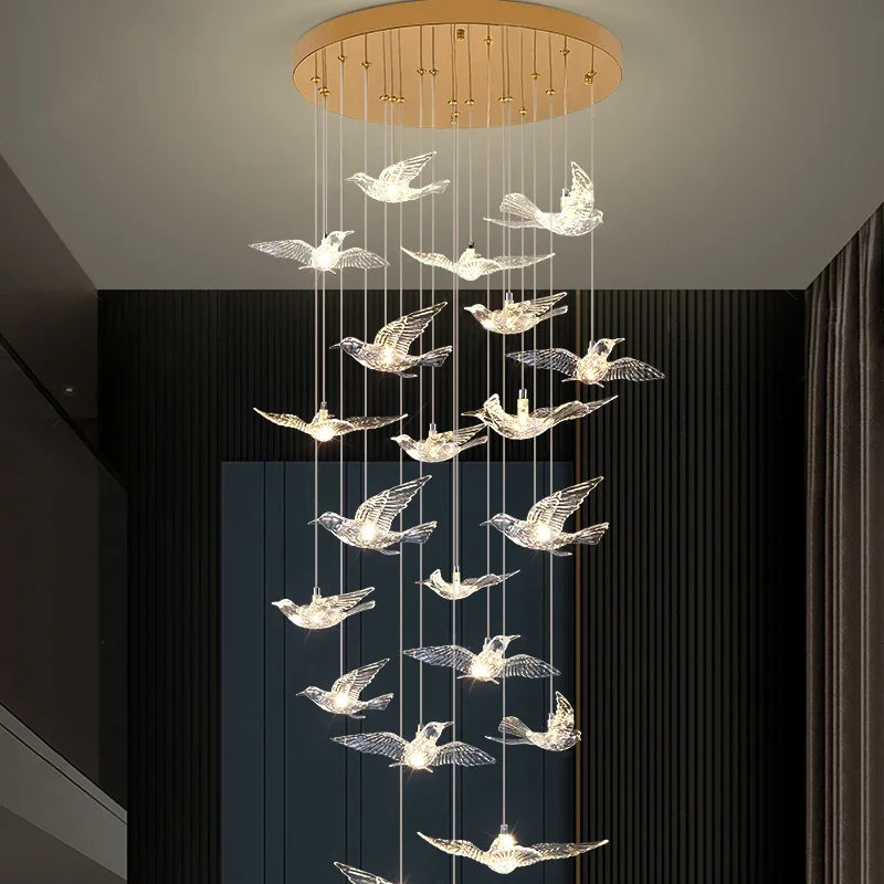 suspension lumineuse oiseaux transparente moderne contemporain lumière blanche salle manger chambre salon