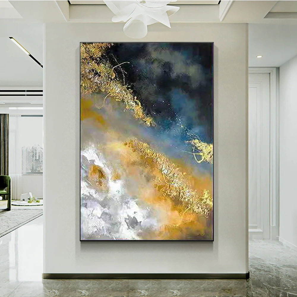 tableau abstrait moderne peintures l'huile noir bleu gris orange blanc toile rectangle vertical sans