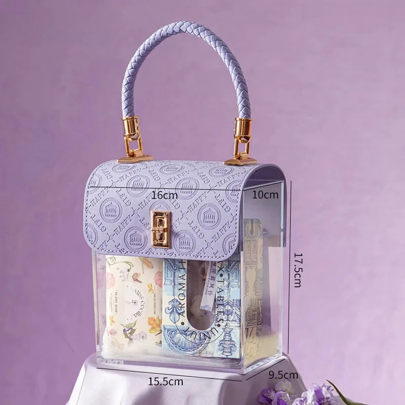 sac main transparent acrylique moderne géométrique blanc orange violet noir rouge vert chic poignée