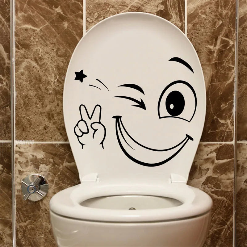 sticker autocollant toilette visage souriant dessin animé simple pvc noir inclusion chambre bains décoration