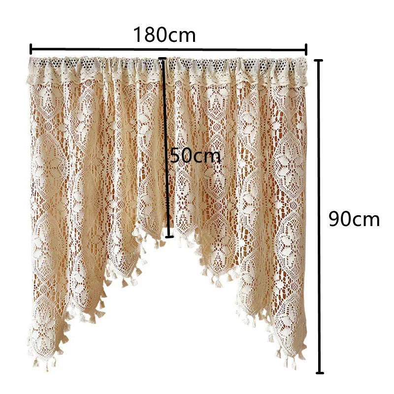 rideau voilage dentelle floral bohème transparent franges pompons entrée salon