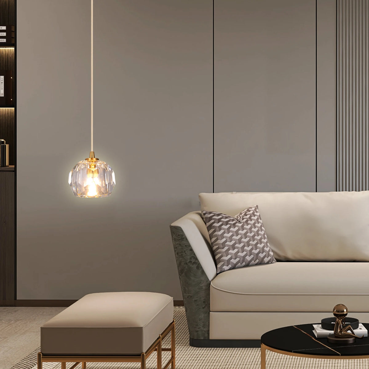 lampe suspendue cristal doré moderne élégante câbles suspendus salon chambre