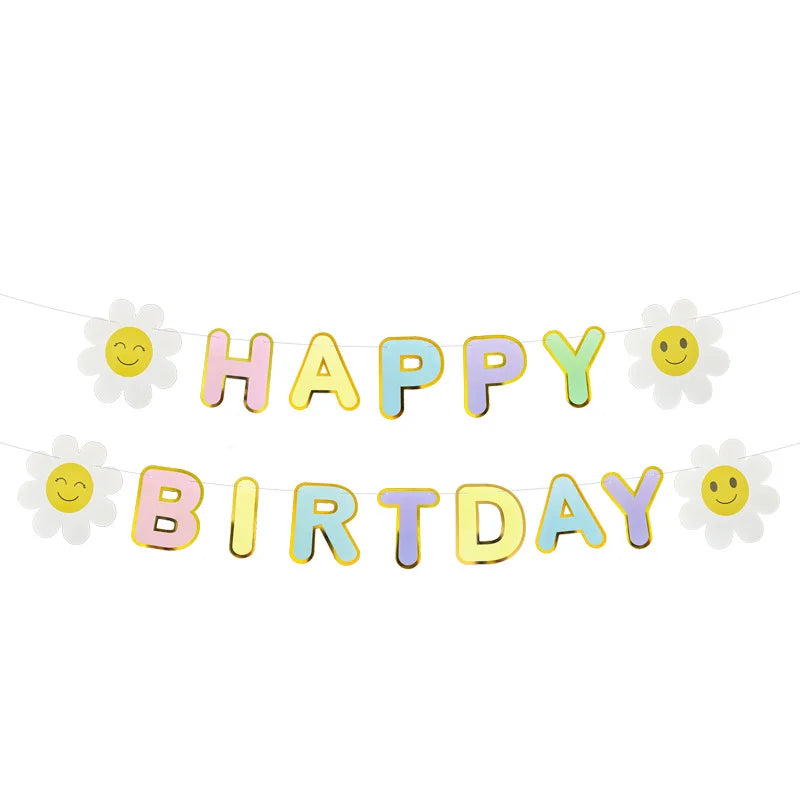 guirlande happy birthday lettres relief fleurs souriant deco enfantine joyeuse occasion anniversaire mariage baptême