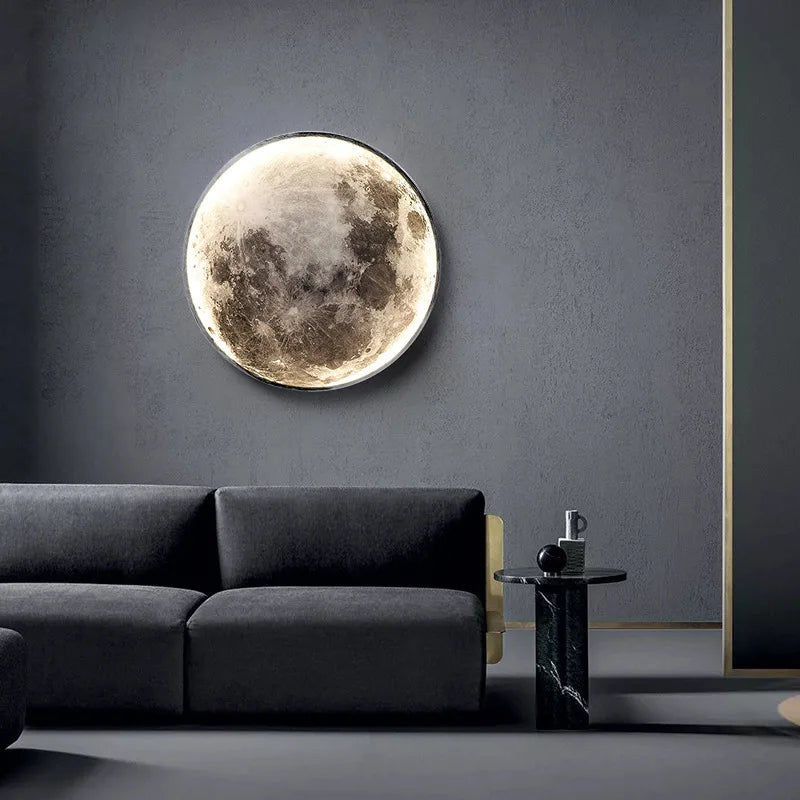 Détail de la lampe murale en lune avec bande LED et télécommande, design 3D