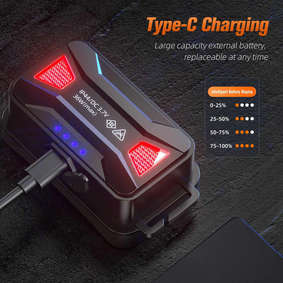 lampe frontale led rechargeable télescopique zoomable étanche pêche noir orange grisclair