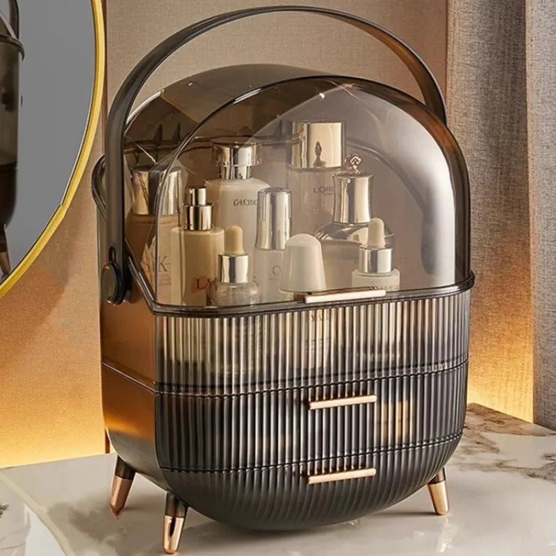 boîte rangement cosmétique moderne noir vert élégante deux étages poignées skincare makeup caddy
