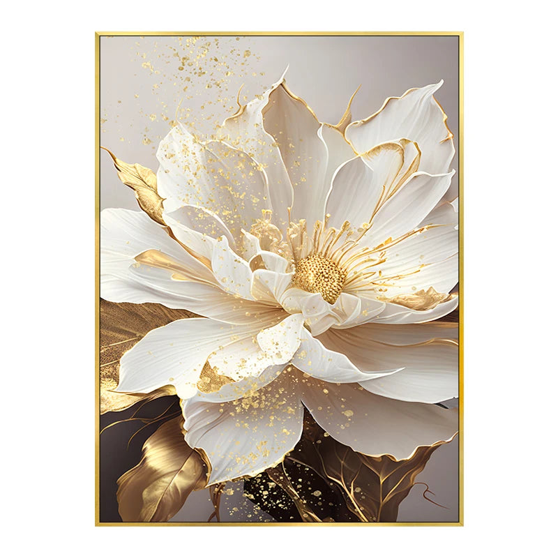 toile d'art moderne élégante fleur blanche feuilles dorées abstraction sans cadre chambre salon decoration