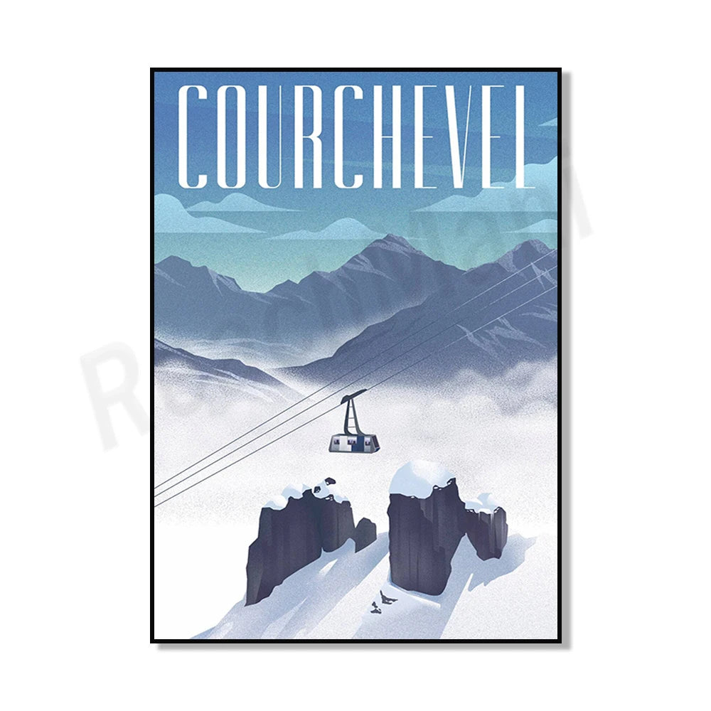 Illustration d'un paysage montagneux enneigé avec un téléphérique traversant la scène, représentant le concept de Courchevel, une station de ski réputée dans les Alpes françaises.